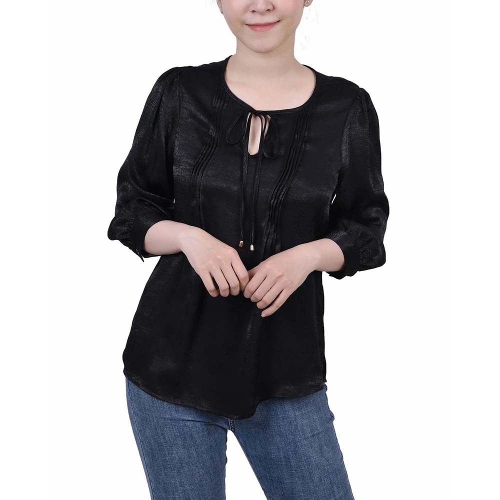 NY Collection Women's Elbow Sleeve Pintuck Satin Keyhole‎ Blouse - Black - M